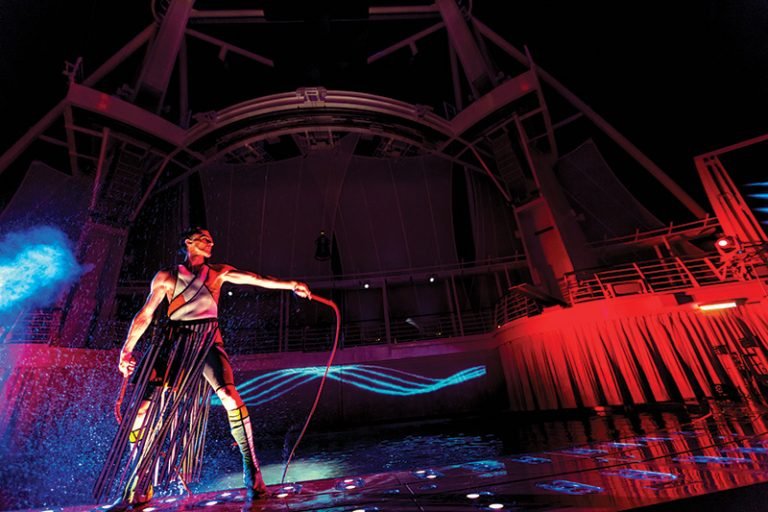 HM, Harmony of the Seas, AquaTheater, Aqua Theater, show, performance, drama, dramatic, performer, dancer, actor, cracking whip, lights, costume,