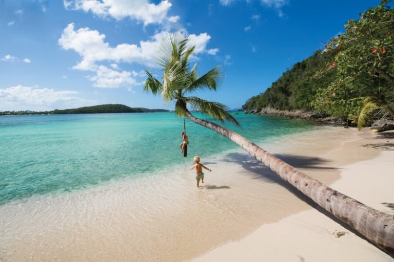 the Vons, von Niederhausern family, "8 Hours In" shoot, fun, St. John beaches, young girl playing on tire swing hanging from palm tree on beach, little boy, baby, toddler nearby, walking on sandy shore, seaside, shoreside, seashore