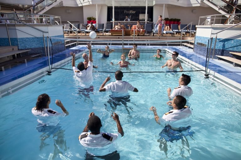 Celebrity Cruises, SI, Silhouette, Solstice Class, staff, service, pool activities, volleyball, guests onboard, relaxation, officer pool volleyball