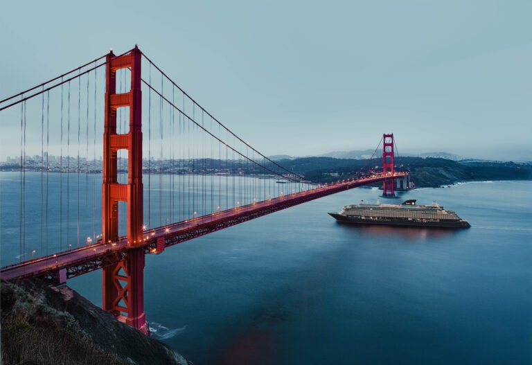 Cruise ship entering Golden Gate Bridge.