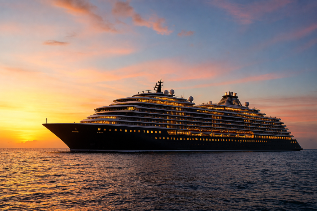 Luxury cruise ship sailing at sunset