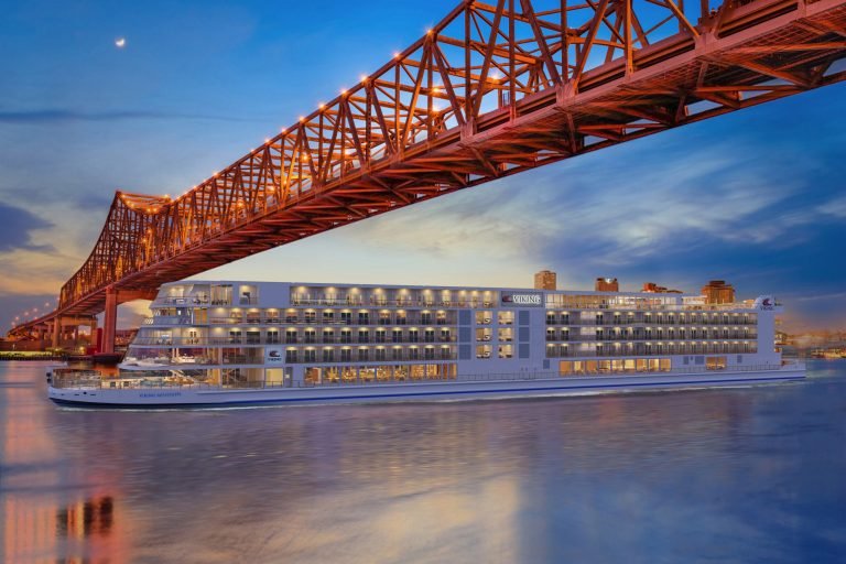 Viking river ship docked beside a bridge in New Orleans
