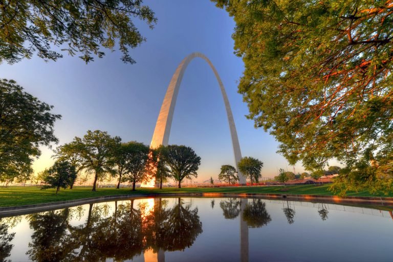 Gateway Arch in St. Louis at sunset on the Mississippi River
